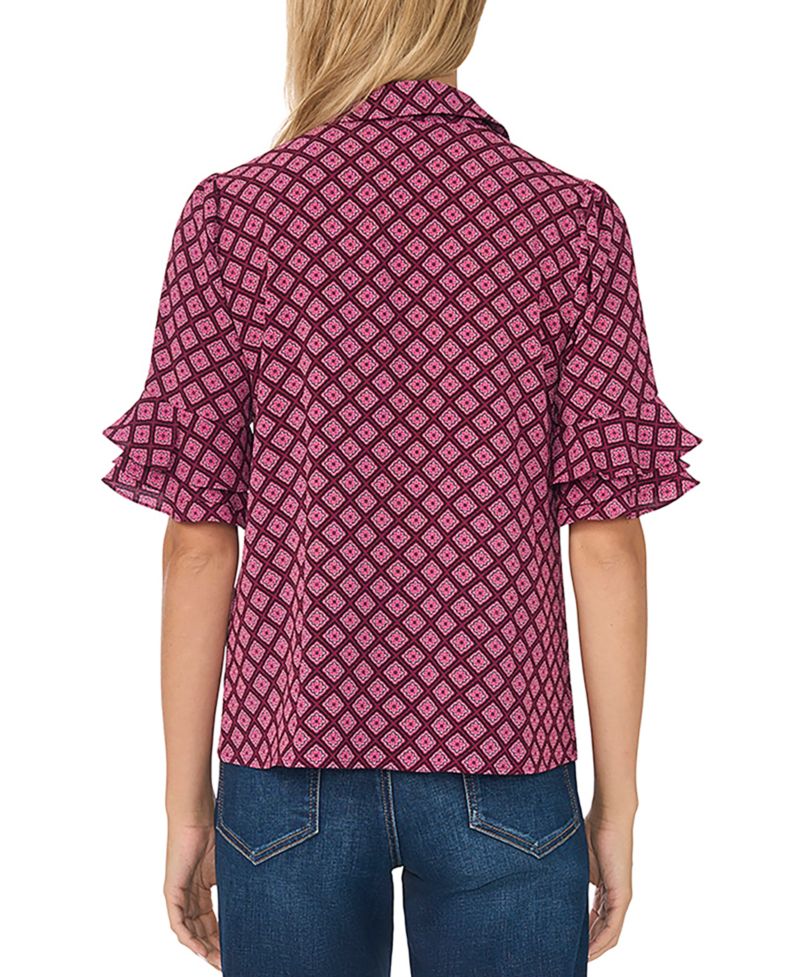 Women's Collared Button Up with Ruffle Sleeve Opening Geometric-Print Blouse