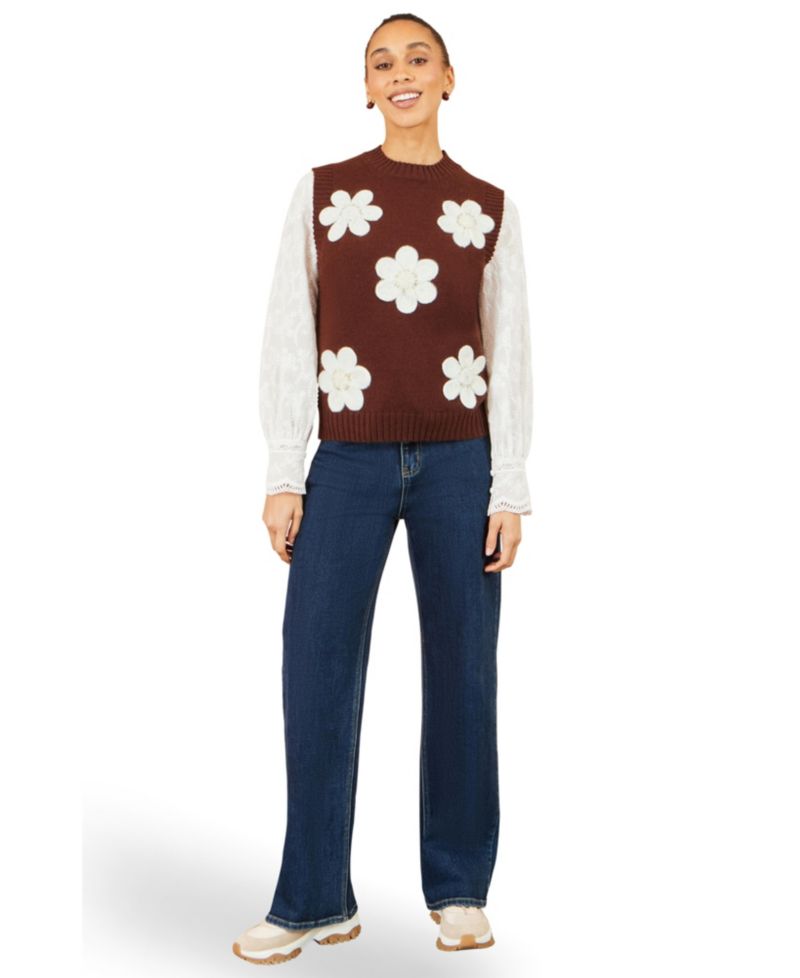Women's Floral-Print Applique Sleeveless Sweater Vest
