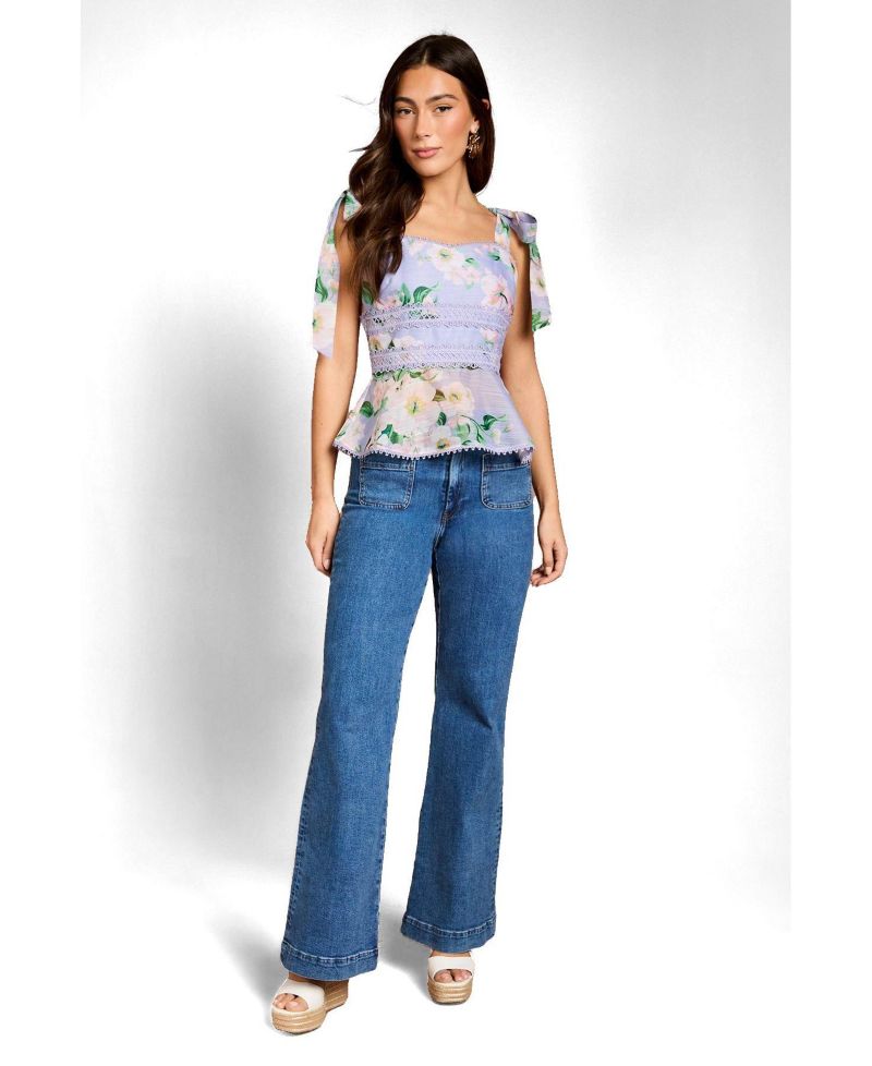 Women's Square Neck Bow Shoulder Peplum Top