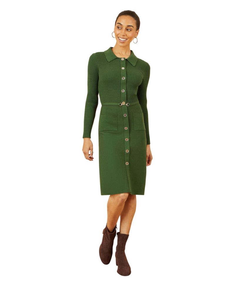 Women's Belted Rib Knit Midi Dress With Pockets