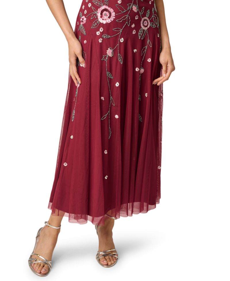 Petite Beaded Mesh Bateau Neck Ankle Dress