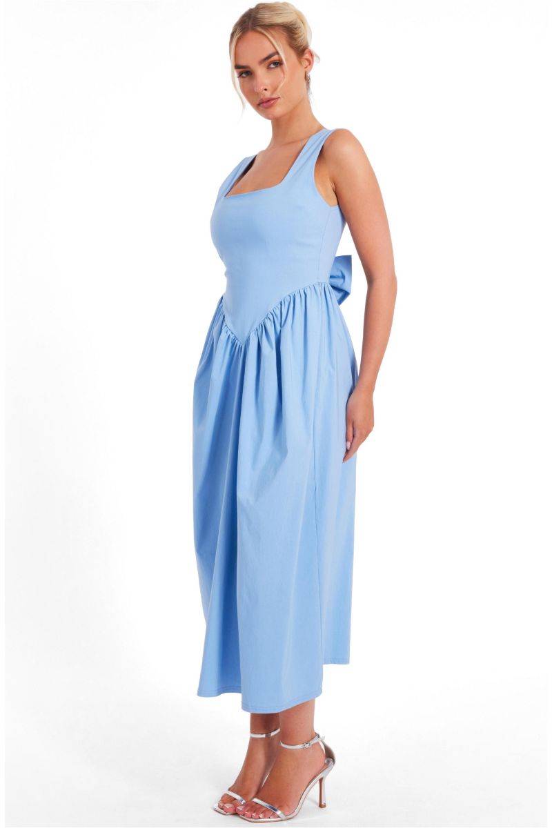 Women's Bengaline Square Neck Bow Midi Dress