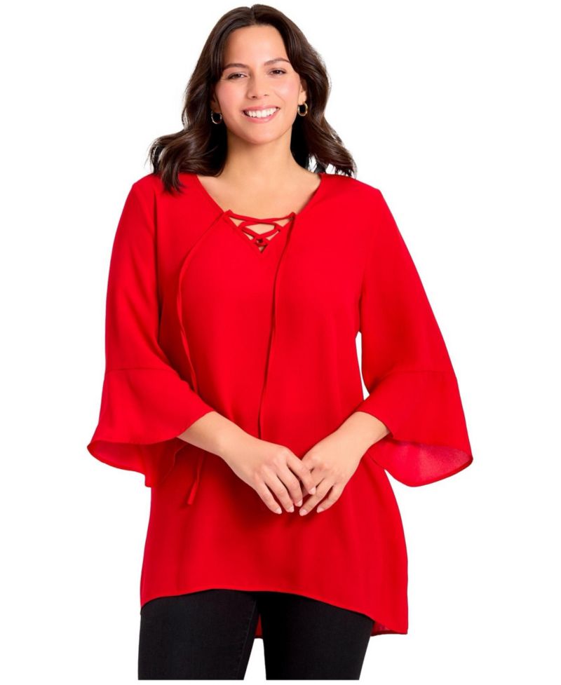 Women's Plus Size V-Neck Lace-Up Bell Sleeve Tunic