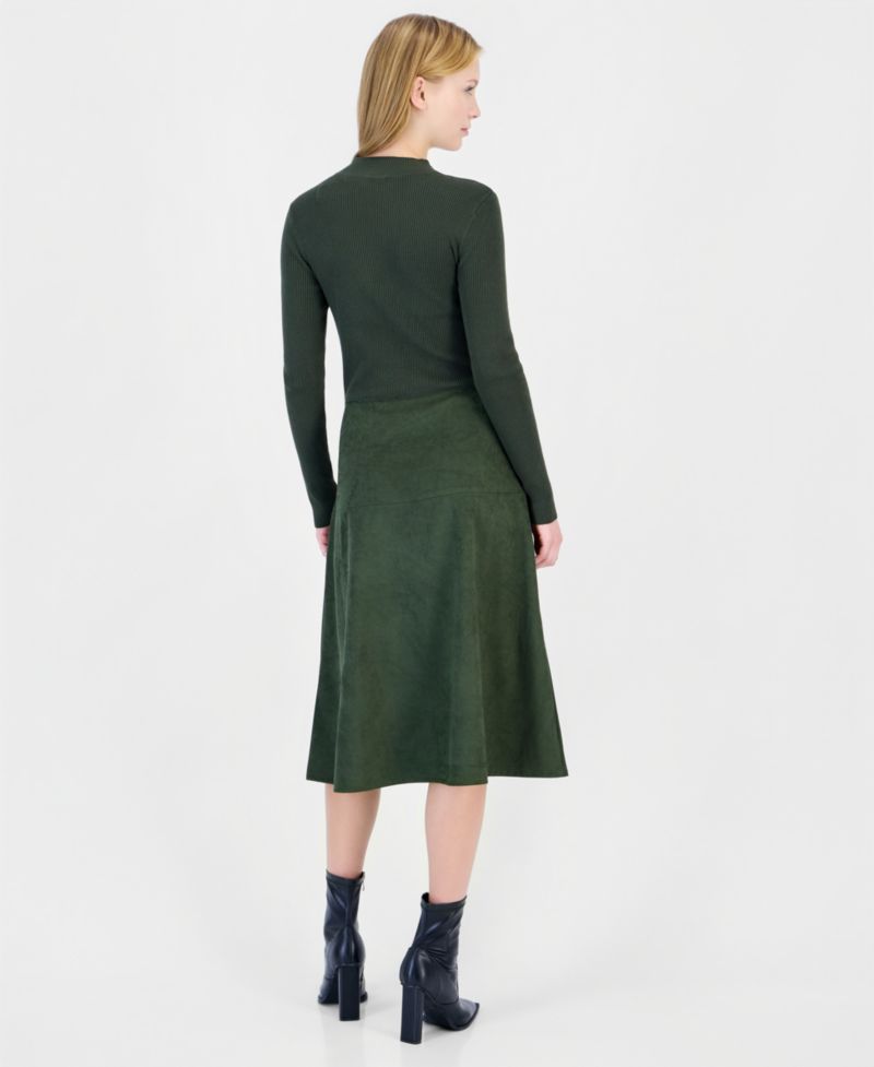 Women's Mock Neck Long-Sleeve Faux Suede Skirt Dress