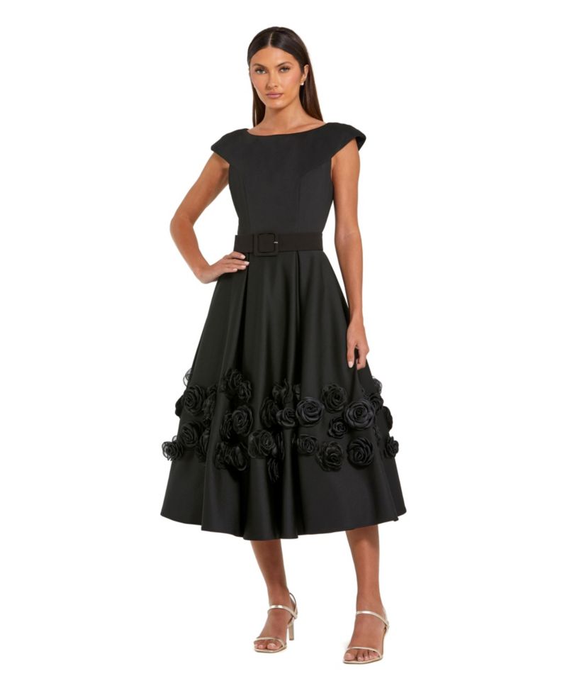 Women's Belted Floral Rosette A-Line Midi Dress