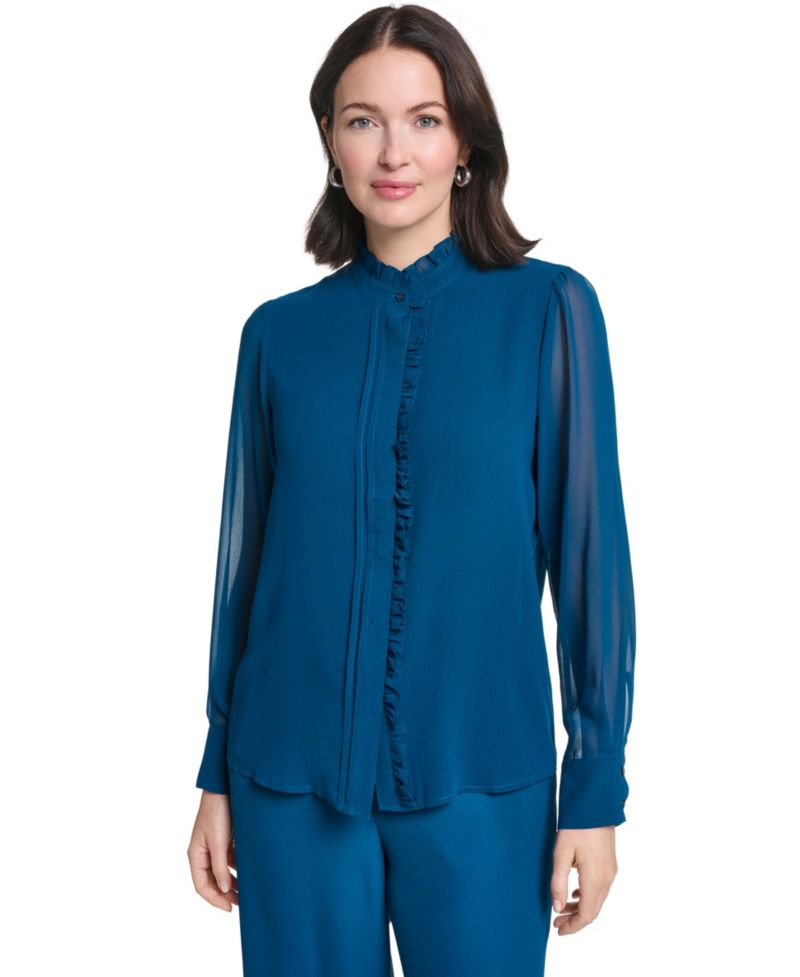 Women's Long-Sleeve Mock Neck Ruffle Front Blouse