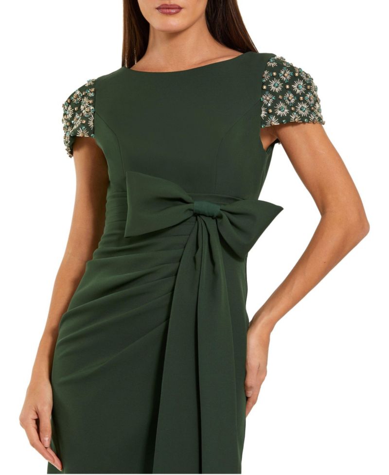 Women's Beaded Cap Sleeve Crepe Gown With Bow and Slit