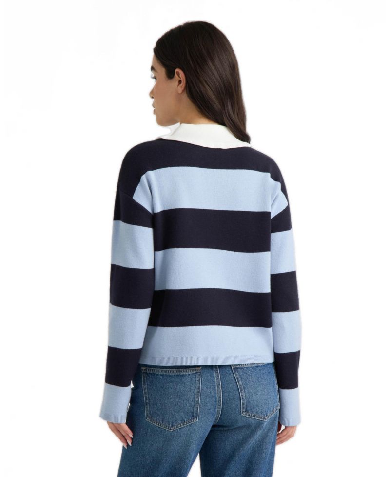 Women's Long-Sleeve Ruffled Polo Collar Rugby-Stripe Sweater