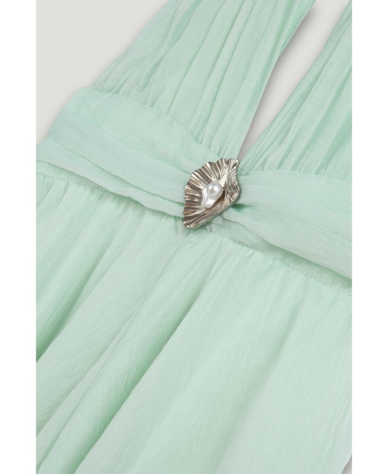Women's Pleated Halterneck Maxi Dress with Brooch Detail