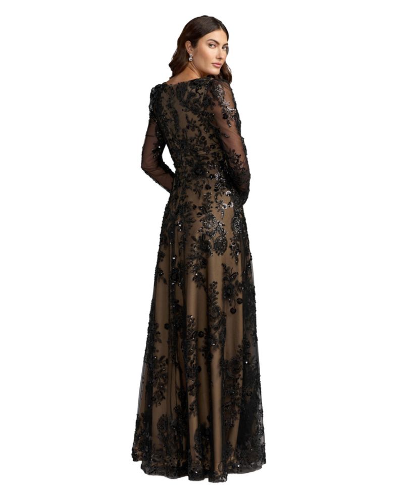 Women's Floral V-Neck Long-Sleeve Gown