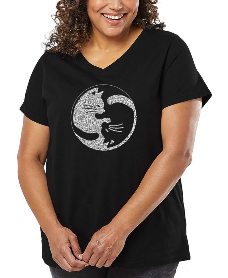 Plus Size Yin Yang Cat Word Art V-Neck T-Shirt