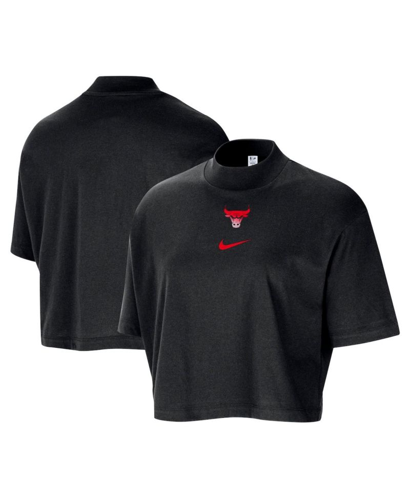 Women's Black Chicago Bulls Courtside Mock Neck Loose Fit Cropped T-Shirt
