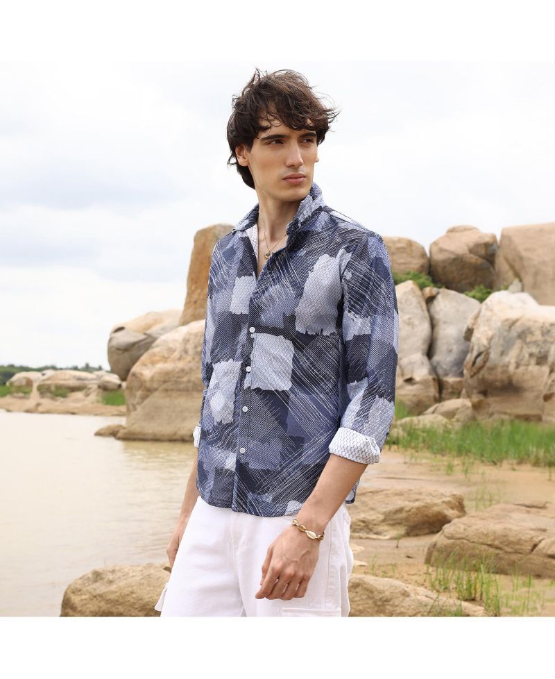 Men's Navy Blue Abstract Block Shirt