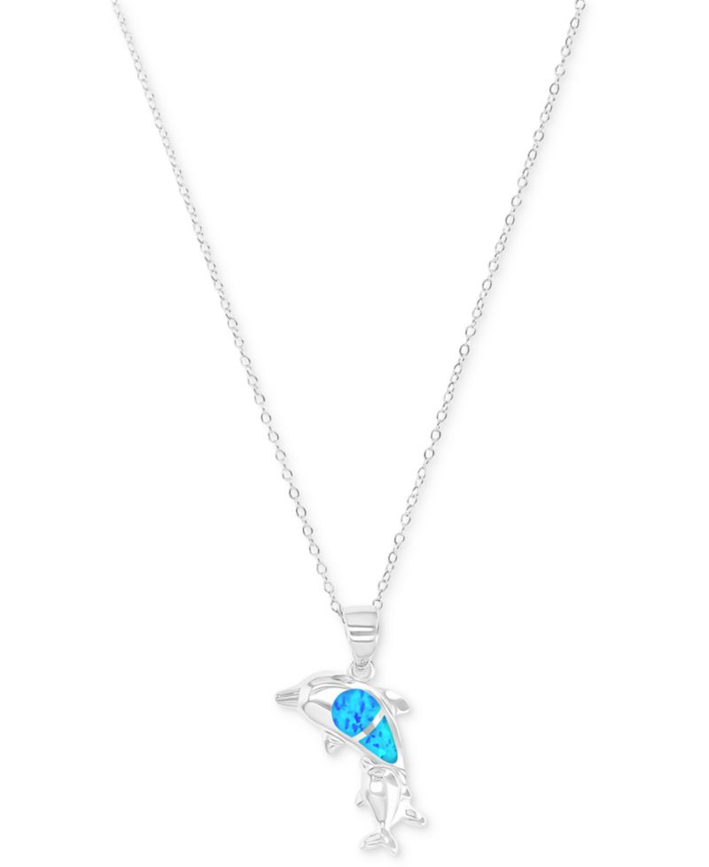 Opal (5X3MM) Dolphin Pendant Necklace in Sterling Silver