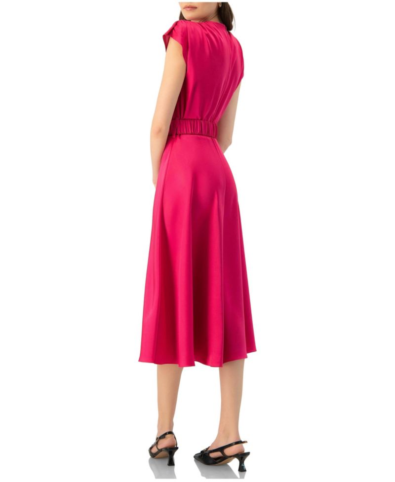 Women's Sleeveless Midi Satin Dress with Belt