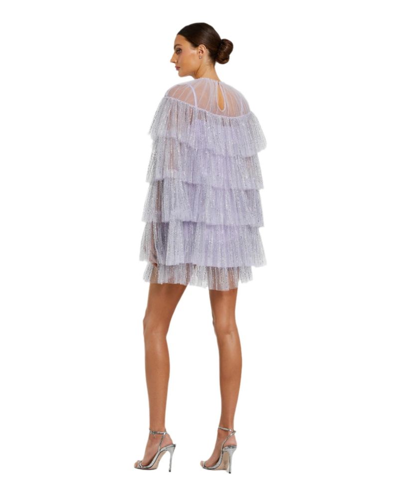 Women's High Neck Tiered Ruffle Pearl Beaded Cape Dress