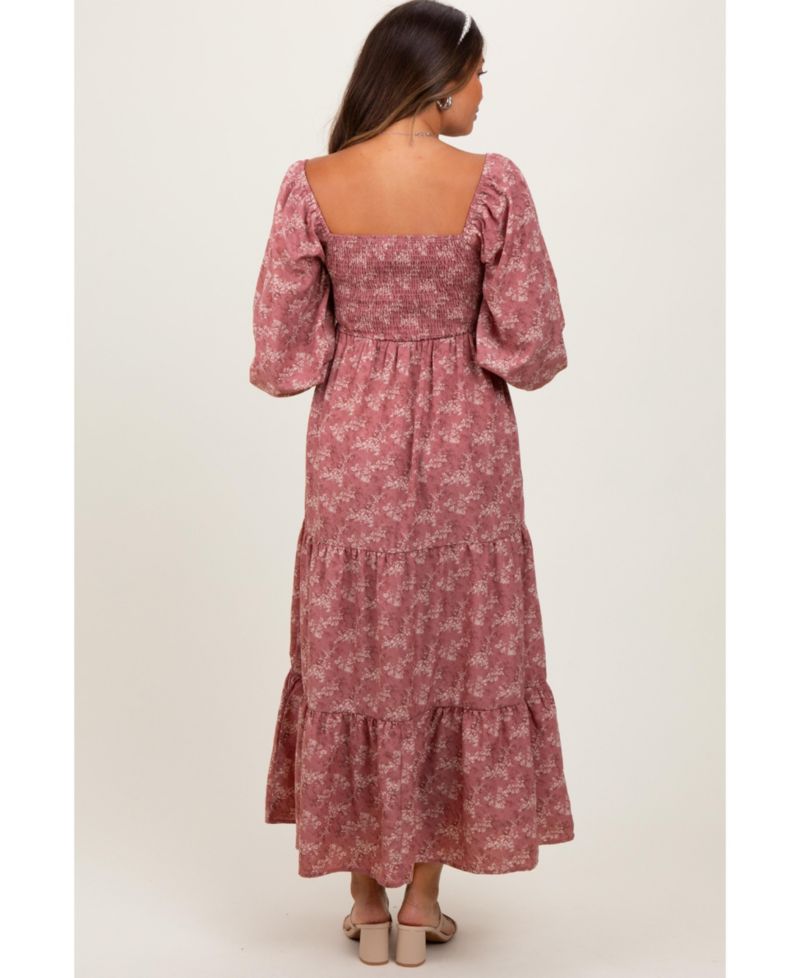 Women's Mauve Floral Smocked Square Neck Maxi Dress