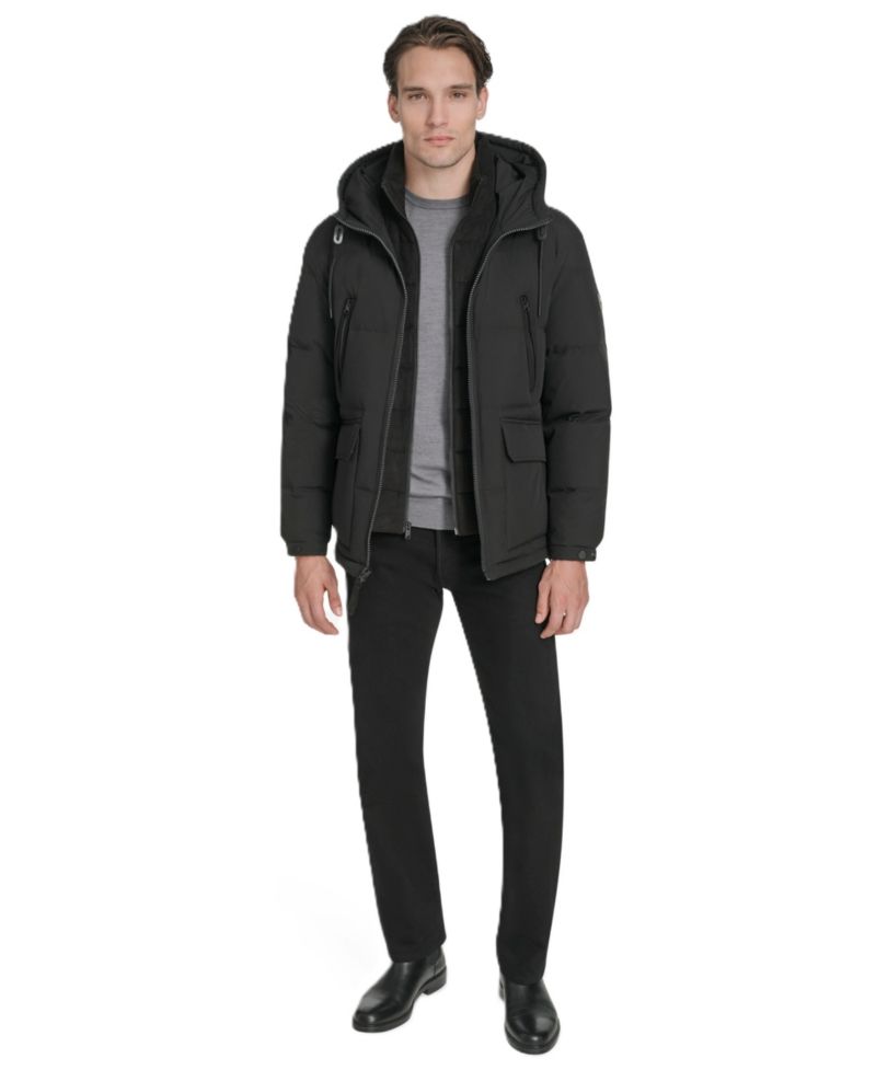 Men's Hooded Puffer Faux-Suede Bib Jacket