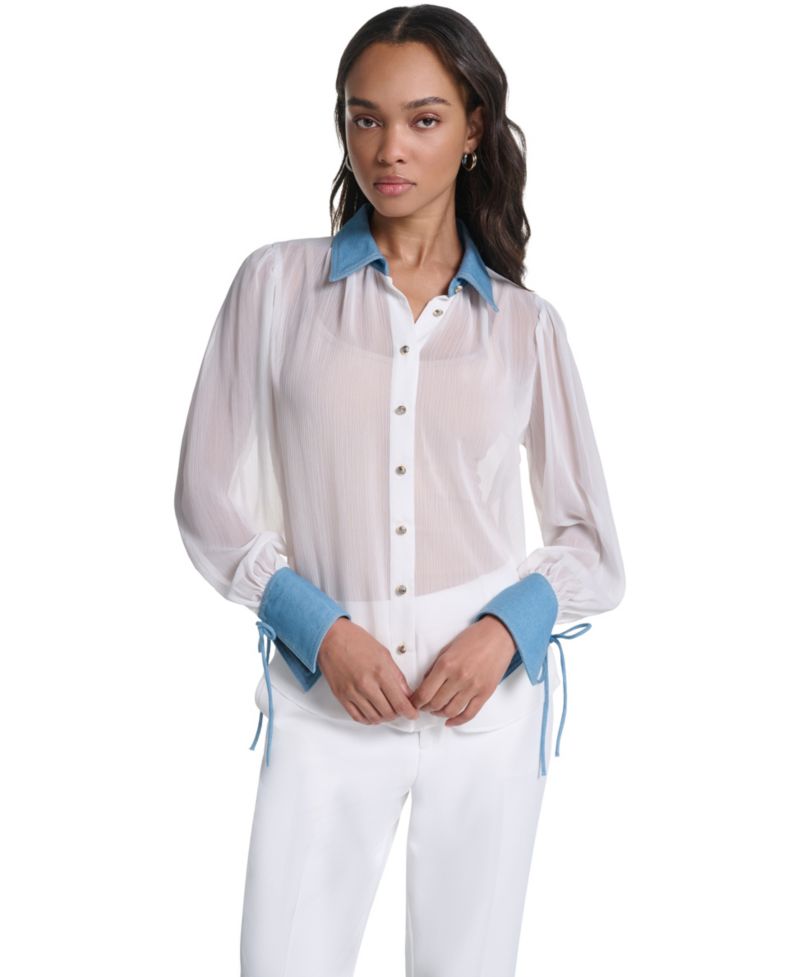 Petite Denim Collar and Cuff Crinkle Chiffon Button-Up Top