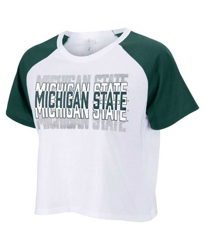 Women's White Michigan State Spartans Color Block Repeat Raglan Cropped T-Shirt