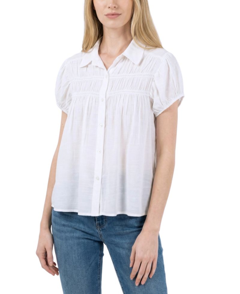 Petite Collared Rouched Yoke Top