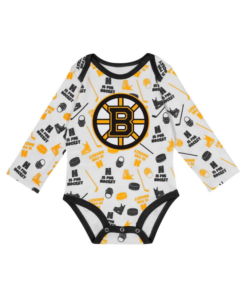 Baby Boys and Girls White Boston Bruins Quick Learner Long Sleeve Bodysuit