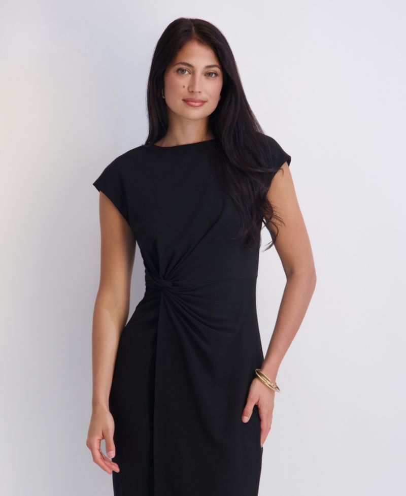 Women's Crepe Scuba Gathered Twist-Front Cap-Sleeve Dress