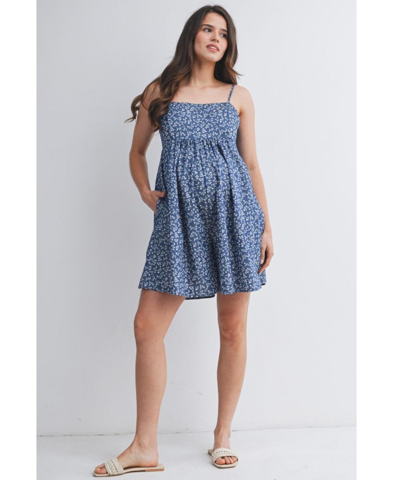 Maternity Floral Square-Neck Adjustable Strap Romper with Pockets