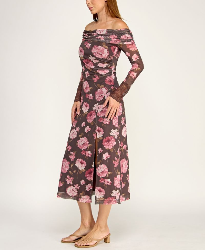 Juniors' Off-The-Shoulder Long-Sleeve Floral Printed Mesh Midi Dress