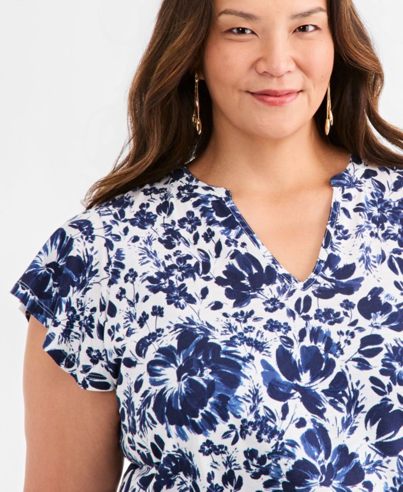 Plus Size Printed V-Neck Flutter-Sleeve Top