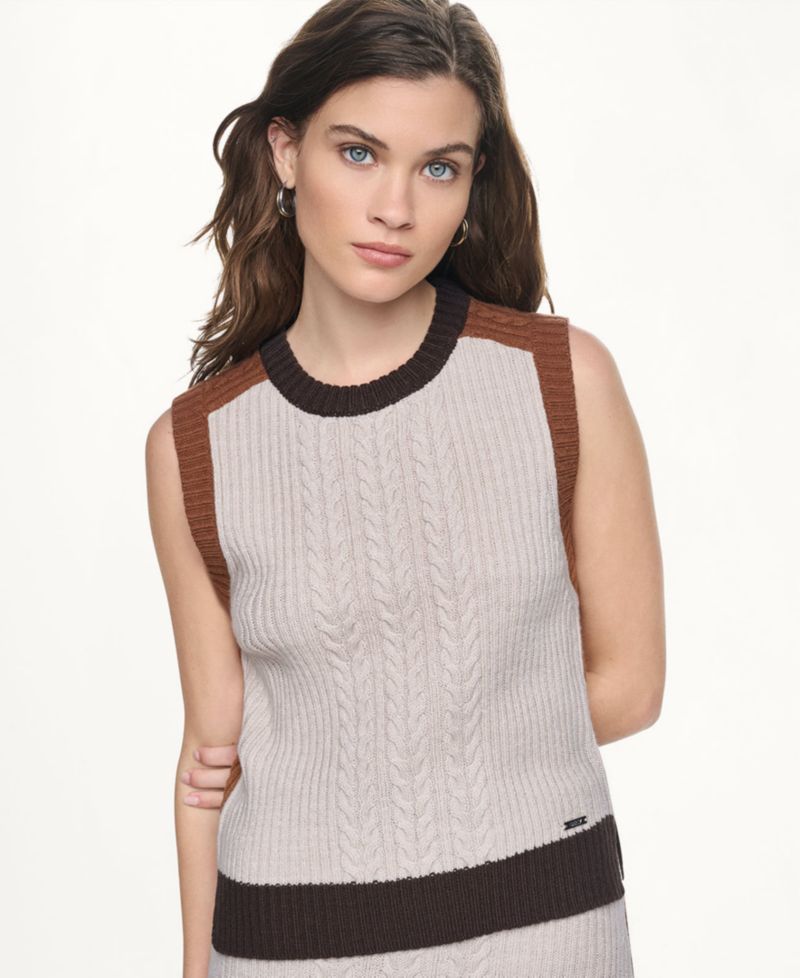 Women's Color Block Cable-Knit Crewneck Sweater