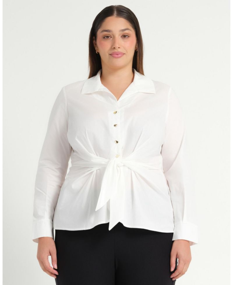 Plus Size Leo Collared V-Neck Button Tie-Front Shirt