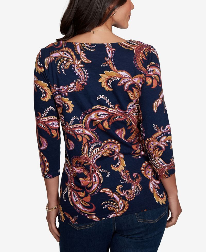 Petite Paisley-Print Boat Neck 3/4-Sleeve Top