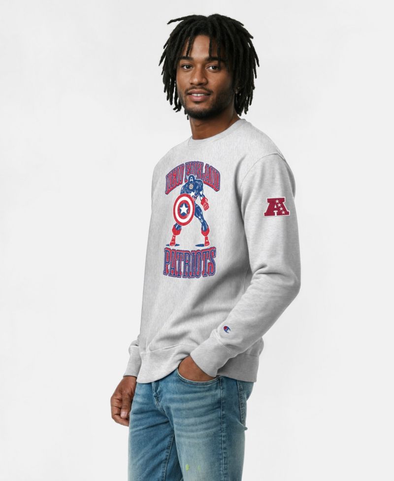 Men's Silver New England Patriots Disney X Champion Reverse Weave Fleece Crewneck Sweatshirt