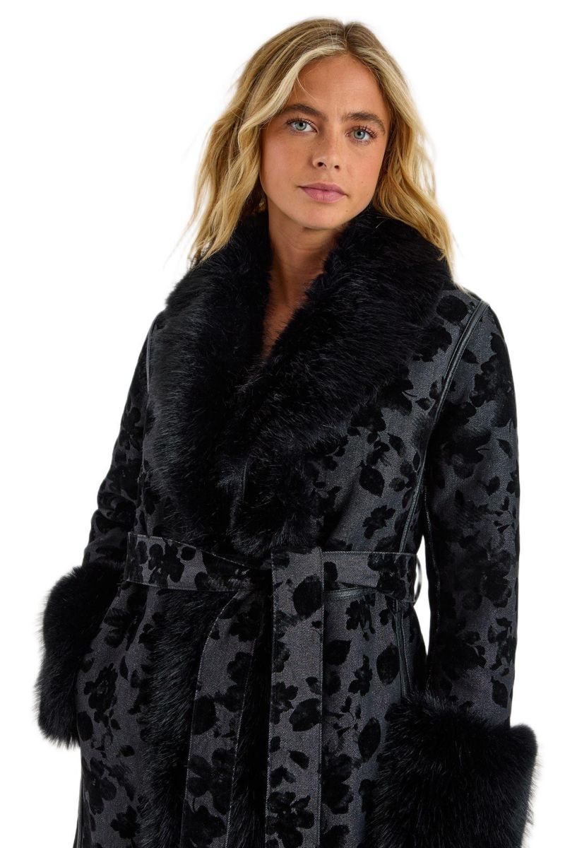 Women's Faux Fur Floral Jacquard Coat
