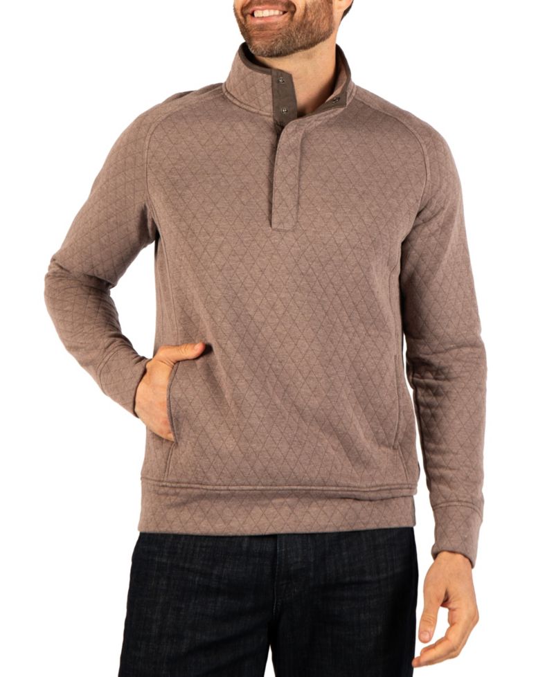 Men's Quilted Knit Hidden Snap Pullover with Suede Trim Sweaters