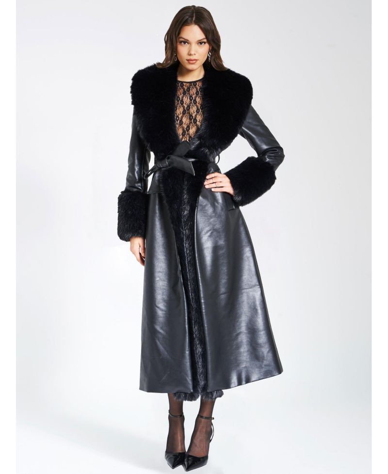 Women Zaida Black Faux Fur Trim Black Faux Leather Coat