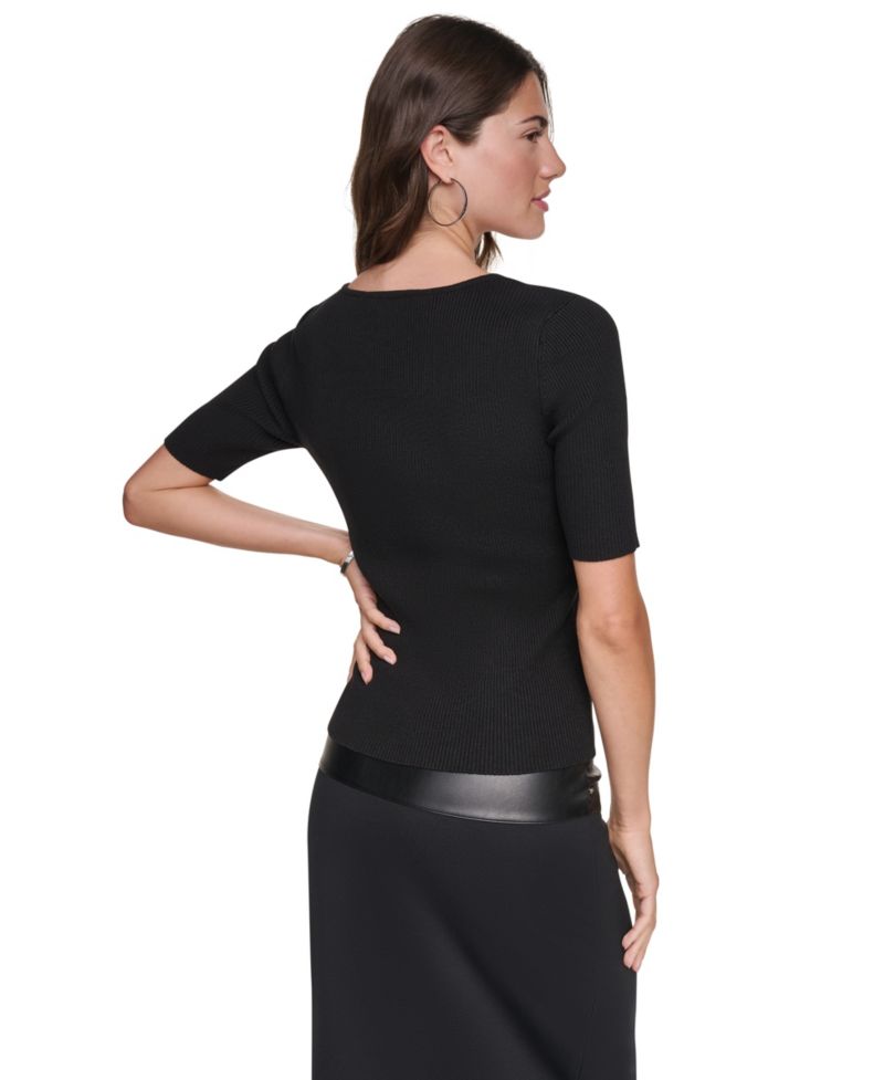 Women's Asymmetrical V-Neck Studded Ribbed-Knit Pullover Sweater