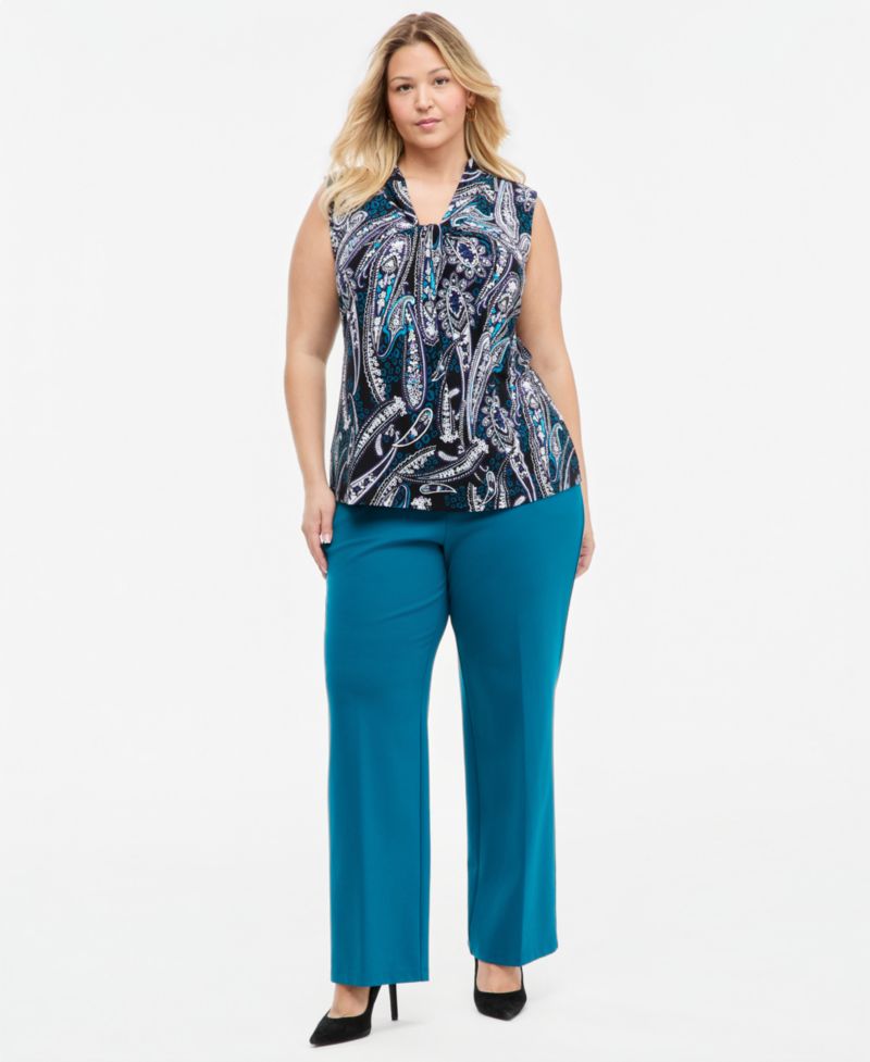 Plus Size Knot Front Sleeveless V-Neck Paisley Blouse