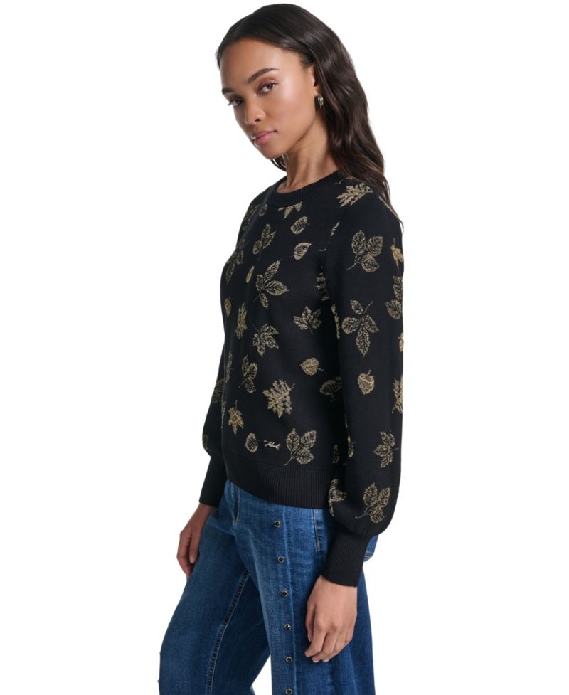 petite Metallic-Leaf Print Crewneck Sweater