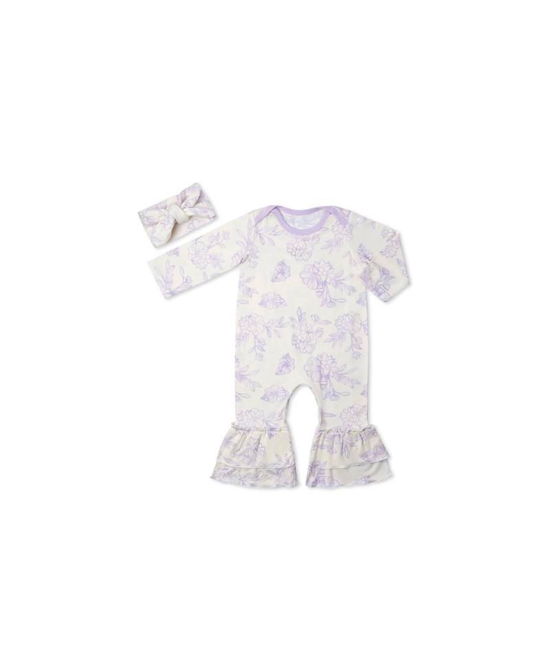 Baby Girls (0 To 18 Months) Ruffle Long Sleeve Romper & Head Wrap Set