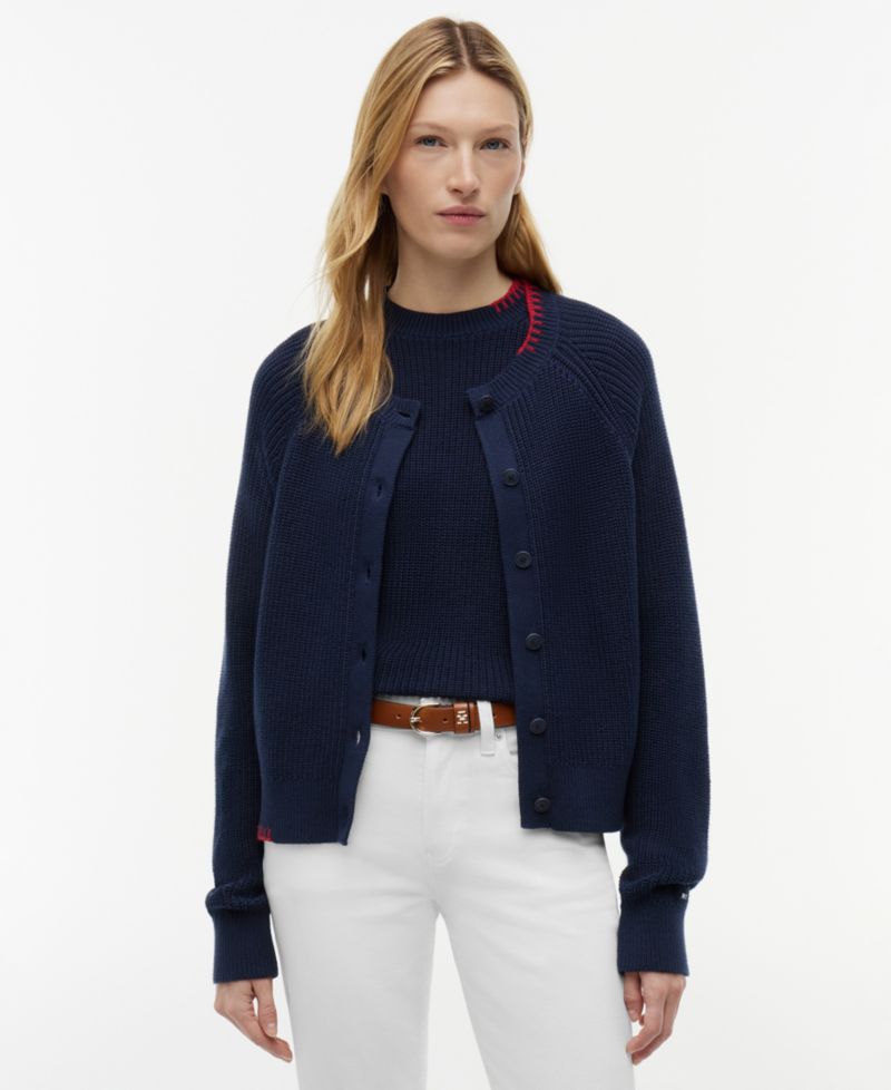 Women's Crochet Detail Crewneck Cardigan Sweater