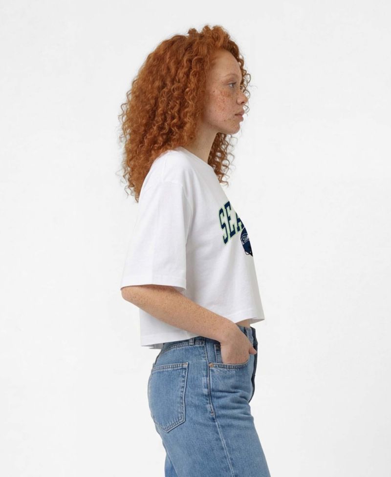 Women's White Seattle Seahawks Boyfriend Cropped T-Shirt