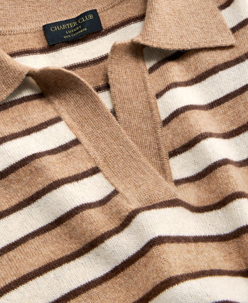 Women's 100% Cashmere Striped Collared V-Neck Sweater