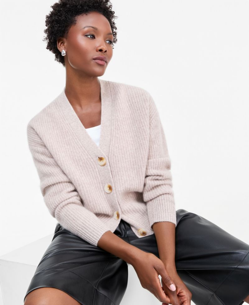 Petite 100% Cashmere Shaker Stitch V-Neck Cardigan Sweater