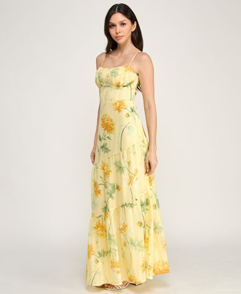 Juniors' Sleeveless Bungee Back Asymmetrical Maxi Dress