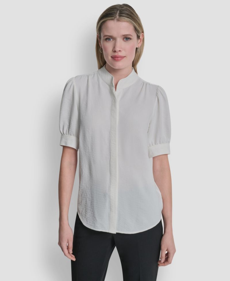 Women's Bell-sleeve Mandarin Collar Textured Blouse