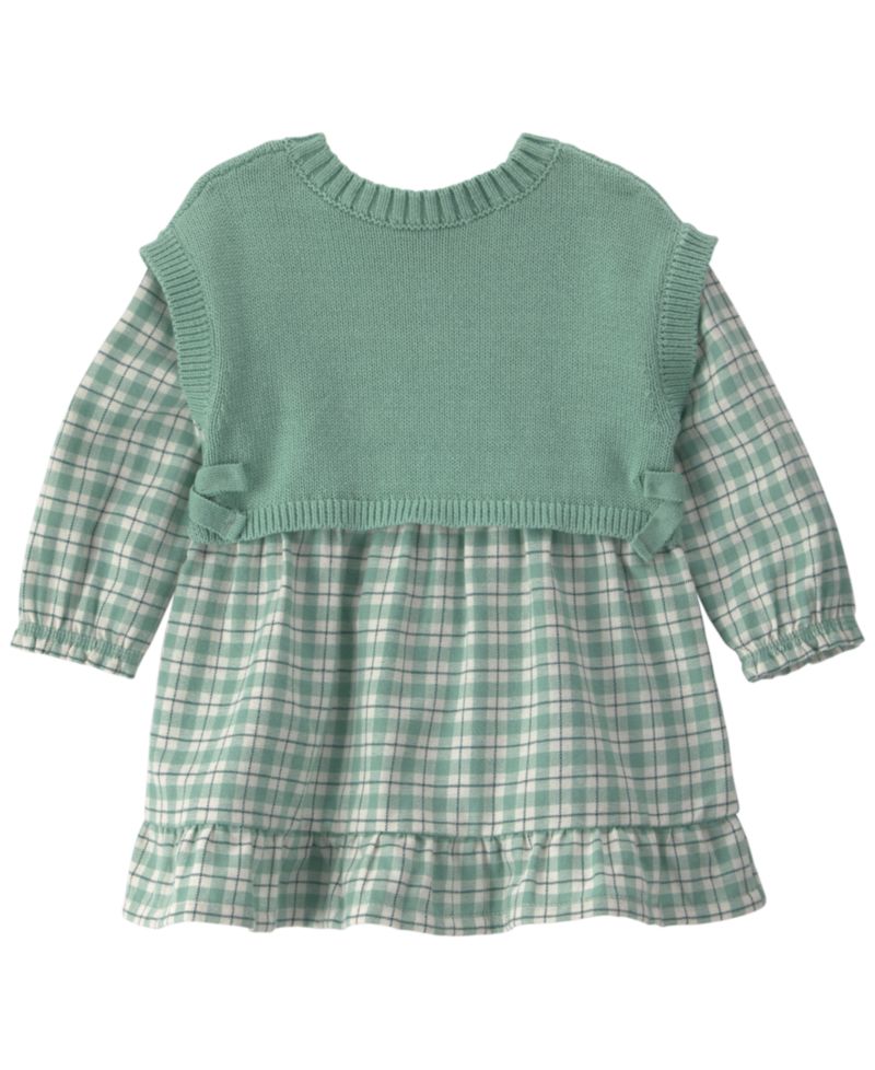 Baby Girls' Checkered Flannel Long-Sleeve Dress and Vest with Matching Bloomers