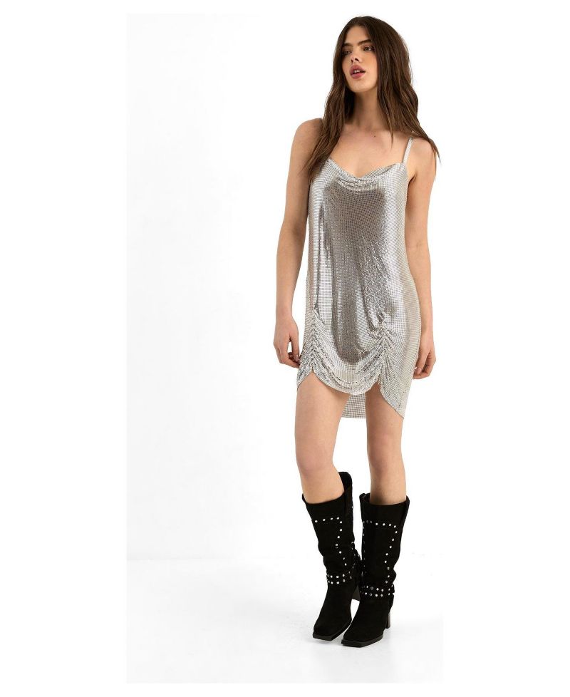 Women's Chainmail Cowl Neck Ruched Mini Dress