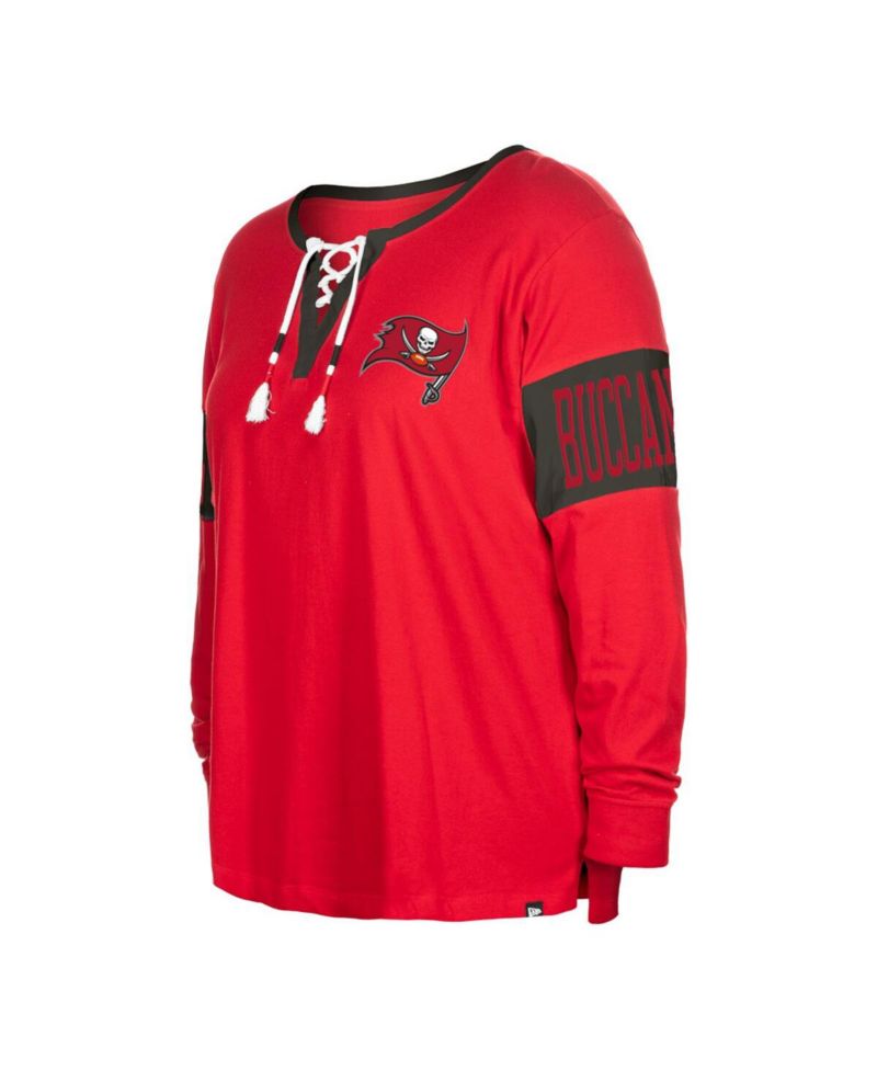 Women's Red Tampa Bay Buccaneers Plus Size Lace-Up Notch Neck Long Sleeve T-Shirt
